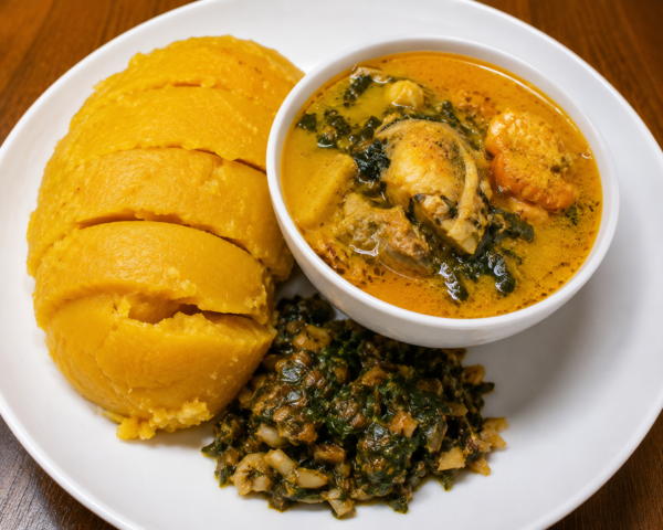 Achu with stew and greens