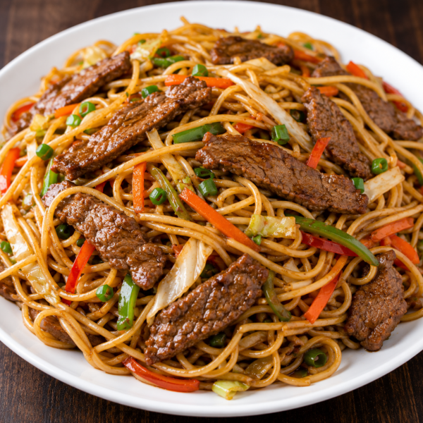 Beef chow mein with crispy vegetables