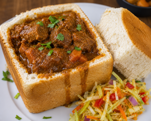 Bunny chow with stew and slaw