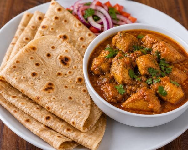 Chicken curry with flatbreads and salad