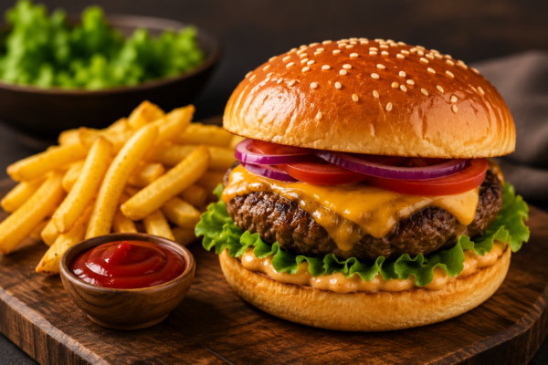 Delicious cheeseburger with fries and ketchup