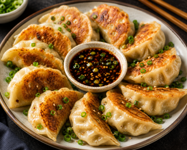 Dumplings with soy-chili dipping sauce