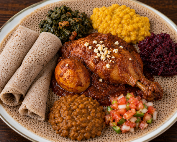 Ethiopian feast with Doro Wat and injera